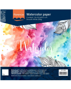 Akvarelni papir - Florence - White - gladek - 200g  - 30,5x30,5cm - 10 listov